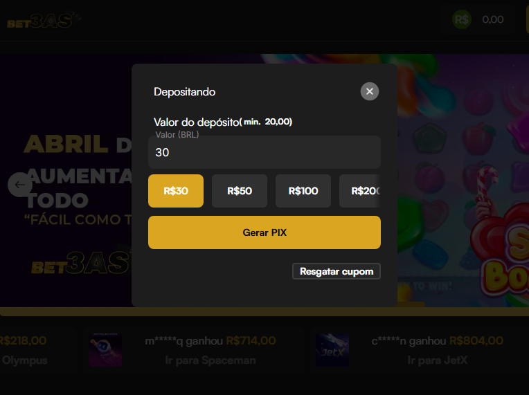 tela de deposito bet3as